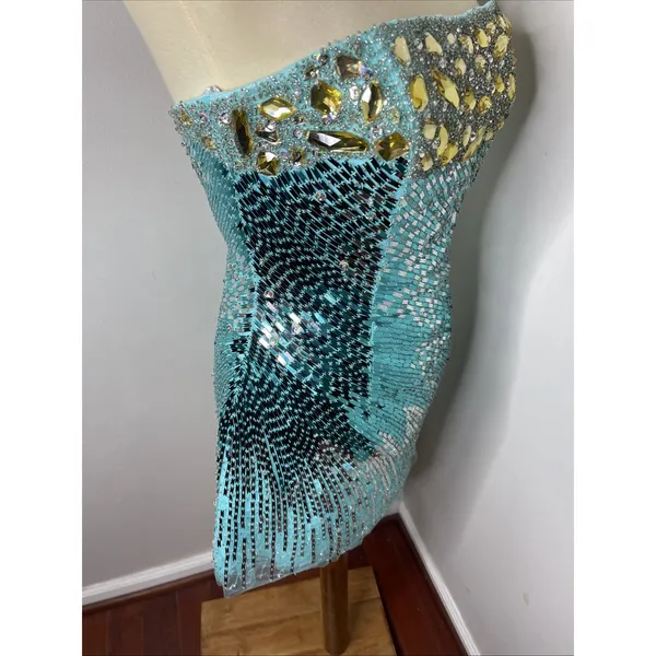 New‎ Sherri Hill Blue Beaded Sequined Strapless Mini Dress Sz 6 - Image 5
