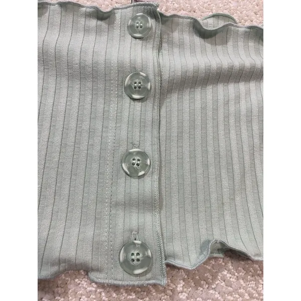 Ribbed Off-Shoulder Button Crop Top in Sage Green Size S Shell 91% Tencel - Image 5