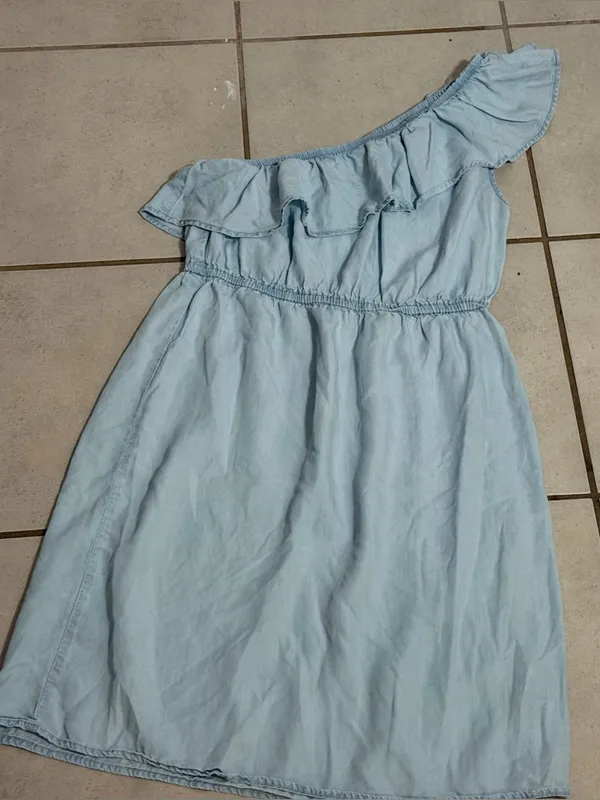 Old Navy Women Chambray‎ Spring Light Blue One-Shoulder Ruffle Dress size S - Image 2
