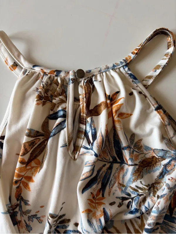 Papermoon Ivory Floral Halter Spaghetti Strap Tank Top XL Flowy Keyhole Back - Image 6