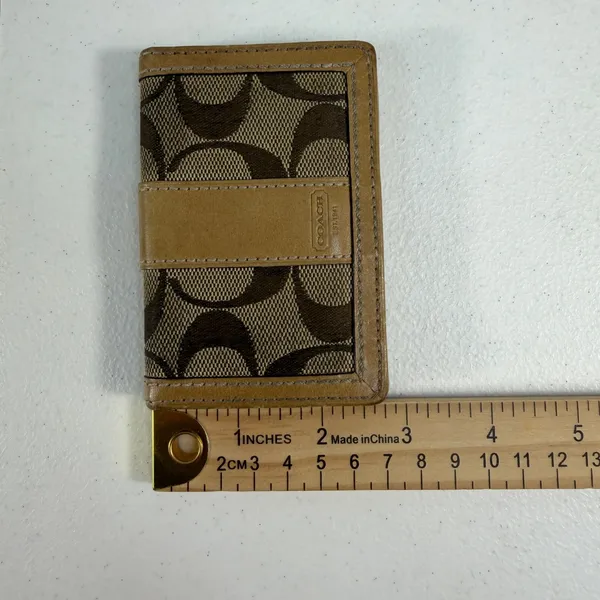 Coach Card Holder Signature Jacquard Leather Trim ID Holder Window Brown‎ Tan - Image 11