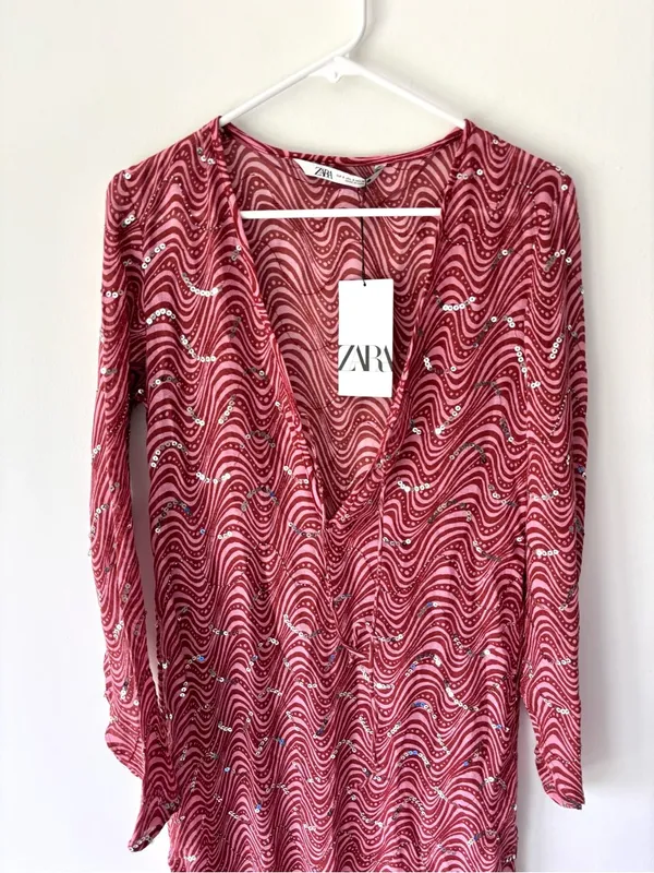 Zara Pink Sequins Beaded Swirl Printed Midi Dress Sheer Deep V Neck Tie Front - Image 3