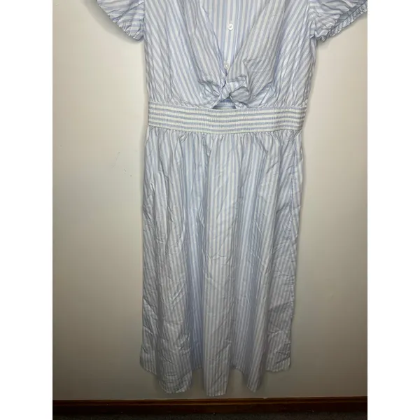 Loft Blue White Striped Midi Dress Puff Sleeve Button Front Tie Waist Size S - Image 2