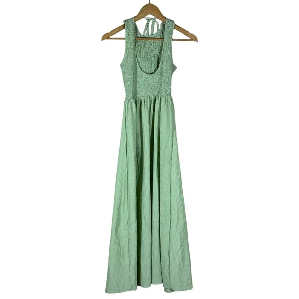 ASOS DESIGN Smocked Halter Seersucker Maxi Dress Sage Green Boho Summer Size XS - Image 4