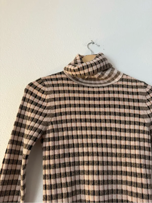 Maeve Cream and Brown Checked Ribbed Turtleneck - Image 2