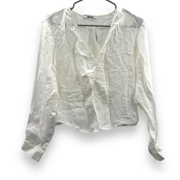 Madewell Brushed Ruched-Front Long Sleeve V Neck Top in Lighthouse Sz 0‎ NEW - Image 3