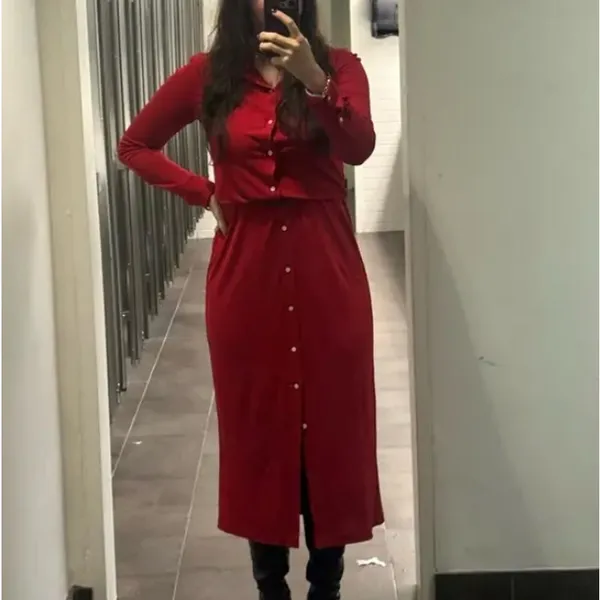 Polo Ralph Lauren Red Midi Shirt Dress MEDIUM Duster Preppy Jersey Designer $300 - Image 9