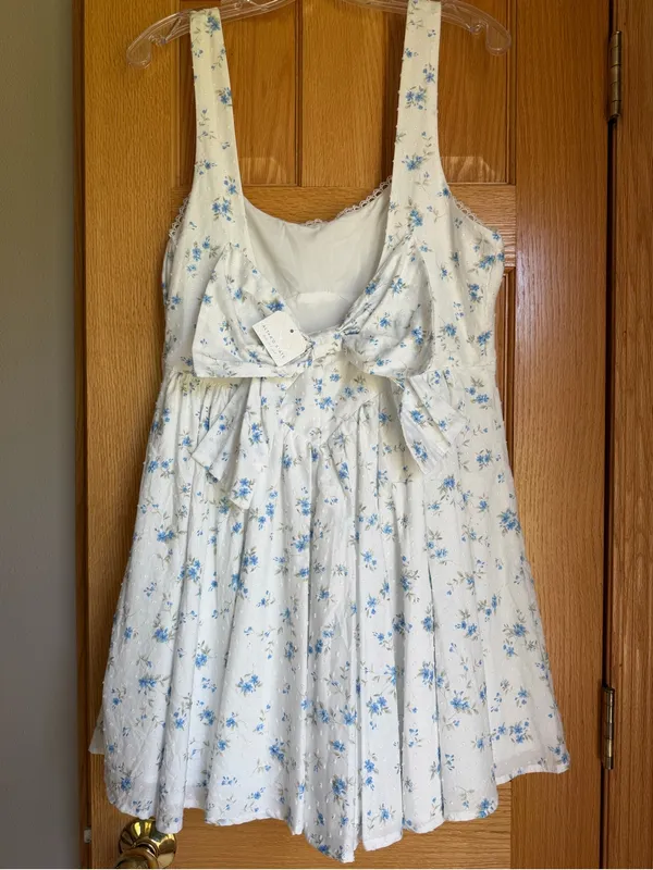 Altar'd State Maya Blue Floral Swiss Dot Open Back Bow Mini Dress NWT XL - Image 8