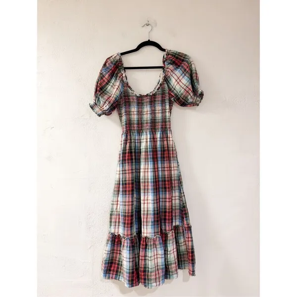 Hill House Home The Louisa Nap Dress in Ivory Red Tartan Small - Image 2