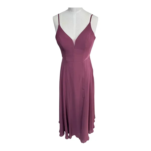 Azazie Maxi Dress A-Line Lace Cutout Women's 4 Plum Chiffon Spaghetti Strap Gown - Image 11
