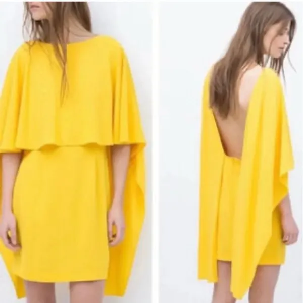 ZARA Women's Open Back Yellow Ruffle Cape‎ Mini Dress Size Small Modest - Image 3