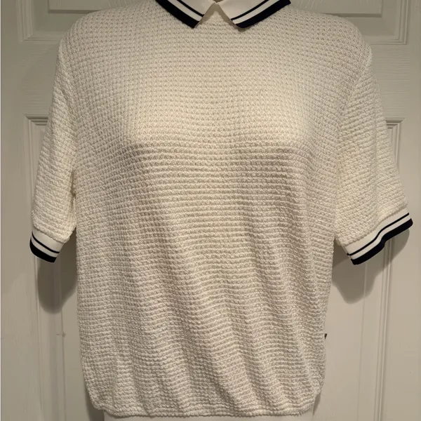 Foray Golf Textured Polo Sweater Top Large White Navy Coastal‎ Preppy Chic - Image 2