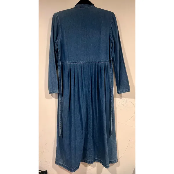 Vintage 90s Karin Stevens Denim Maxi Dress Velvet Collar Button Front 6P - Image 3