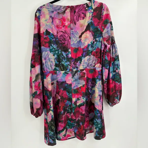 Gianni Bini Floral Dress Lined Balloon Sleeves Flirty Tie Front Keyhole medium - Image 8