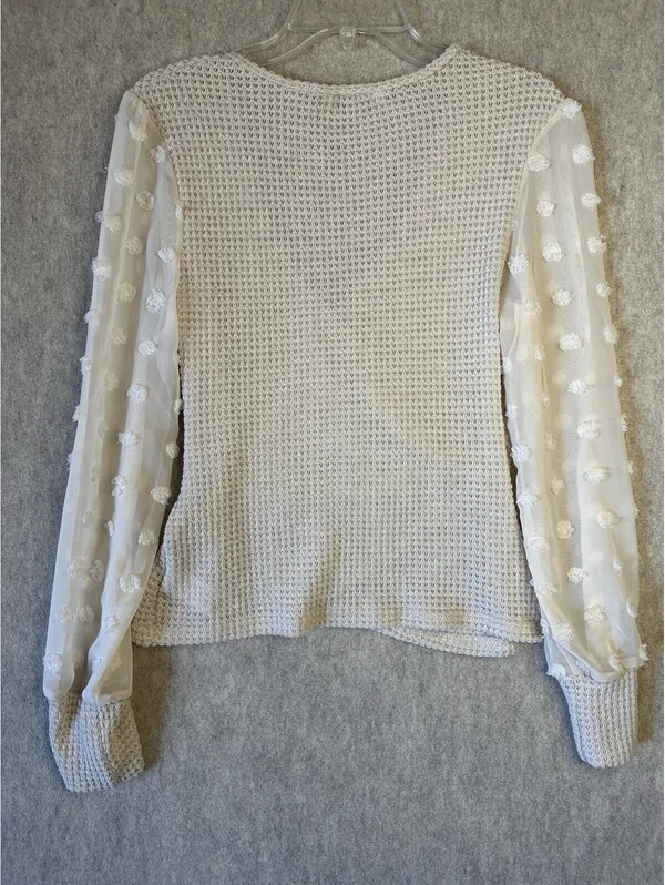 CUPSHE Wrap Waffle Knit Top Sheer Sleeve With Poms Beige Women’s Small - Image 6