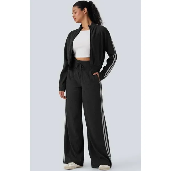 Halara Ribbed High Waisted Tummy Control Drawstring Wide Leg Trousers Black S - Image 2