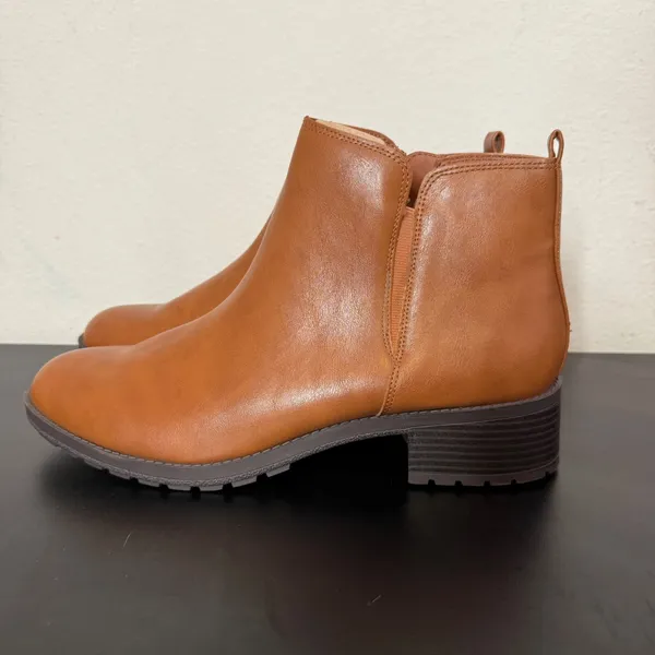 Cognac Brown Ankle Boots Womens 12 Lug‎ Sole Faux Leather Low Block Heel Zip - Image 4