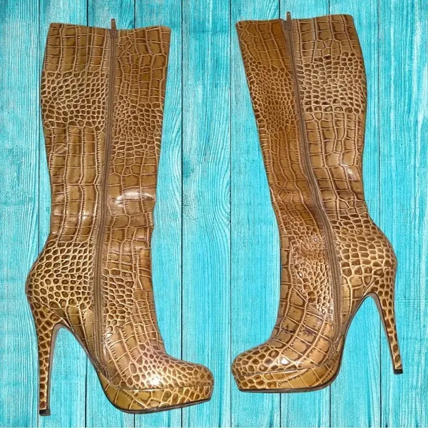 Charles by Charles David tan faux animal print knee high side zip boots - Image 3