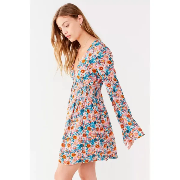 Urban Outfitters Floral Elise Smocked-Waist Mini Dress Size Large - Image 3