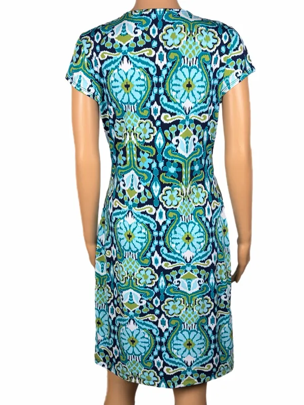 JONES MEW YORK Greens/Black Abstract Floral Faux-Wrap Short Sleeve Dress Small - Image 5