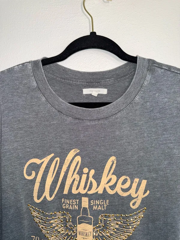 Maurices Whiskey Always A Good Idea Oversized Graphic Tee Gray Rhinestone - Image 3