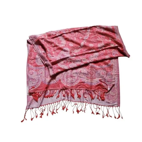 Pashmina(?) Silk Wool Paisley Scarf Wrap Shawl Rectangle Fringe Red Orange EUC - Image 5