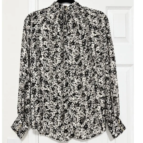 H&M Black White Floral Sheer High Neck Blouse Gold Button Cuffs Size S - Image 4