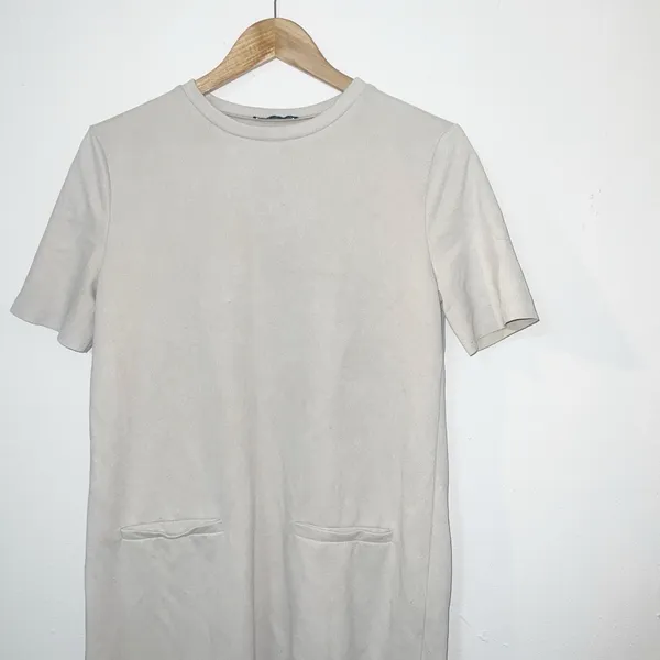 Zara neutral short sleeve faux pocket minimalist mini shift dress - Image 2