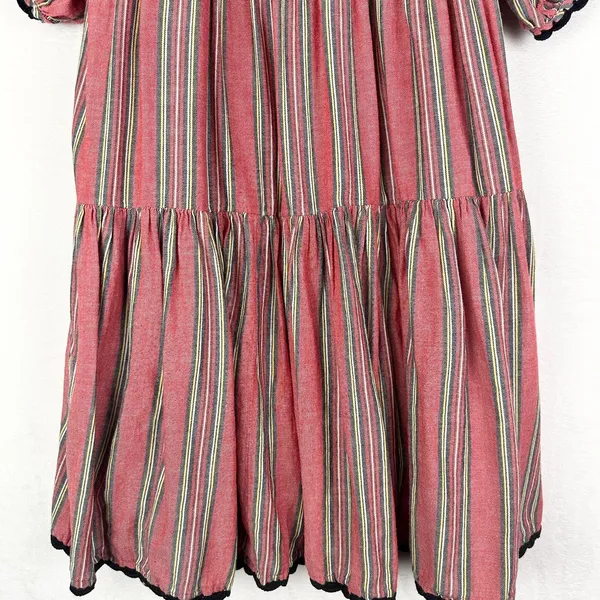 Sister Mary Sierra Dress Size Large Cotton Stripe Embroidered Smocked Boho Red - Image 7