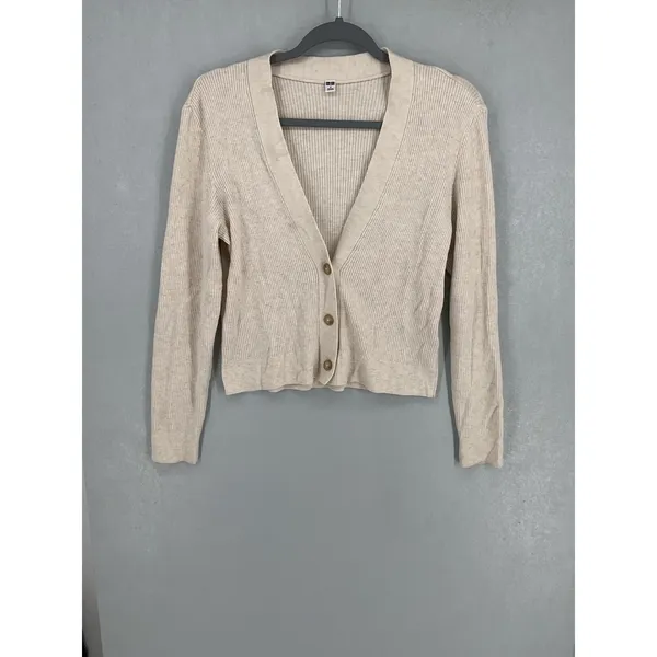 Uniqlo Women Cardigan Ribbed V-Neck Button Front Beige Small - Image 2