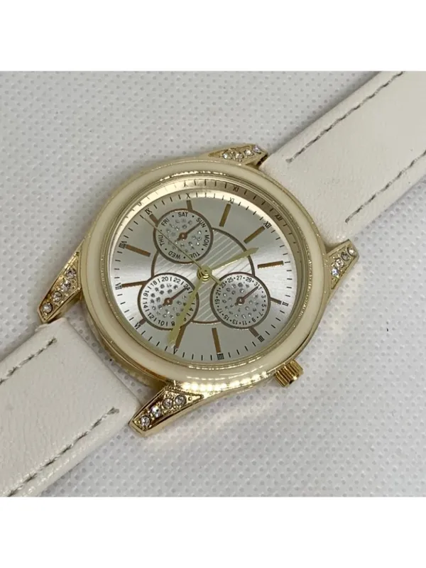 Ding feng Women’s watch gold tone rhinestones 35mm quartz white leather running - Image 2