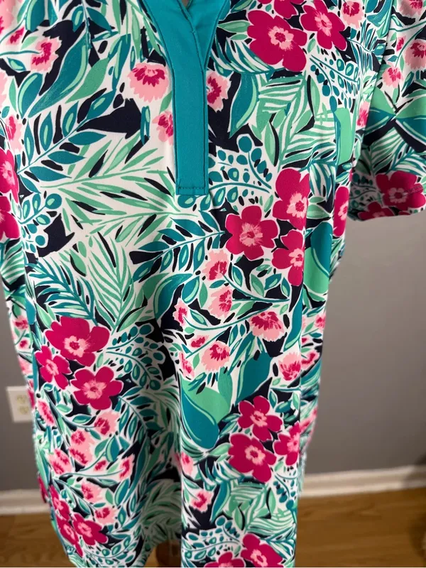 Lilly Pulitzer Teal Floral Polo Top Golf - Image 3
