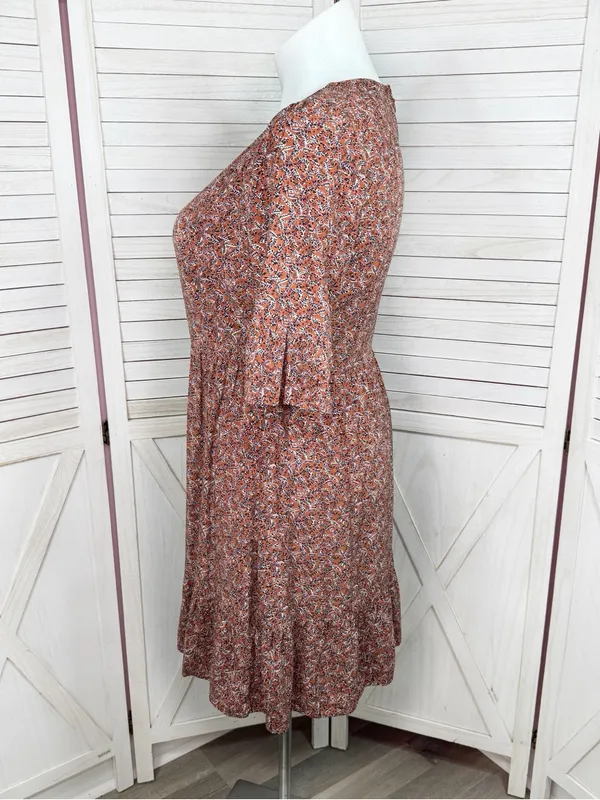 Loft Ditsy Floral Print Tiered‎ Babydoll Dress Rust Orange 12 Boho Cottagecore - Image 2