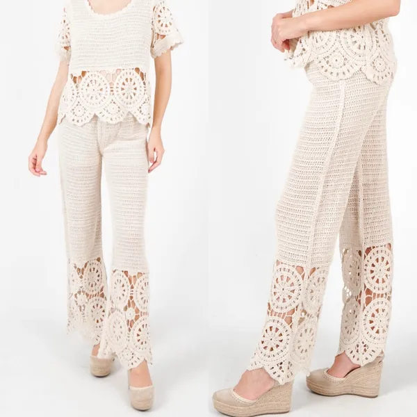 Solitaire X Anthropologie Crochet Wide Leg Pants Cream Ivory Boho Bohemian - Image 4