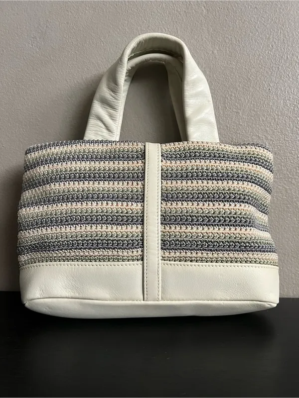 The Sak White Gray Seafoam Striped Crochet Tote Bag Leather Trim Mini Tote Purse - Image 2