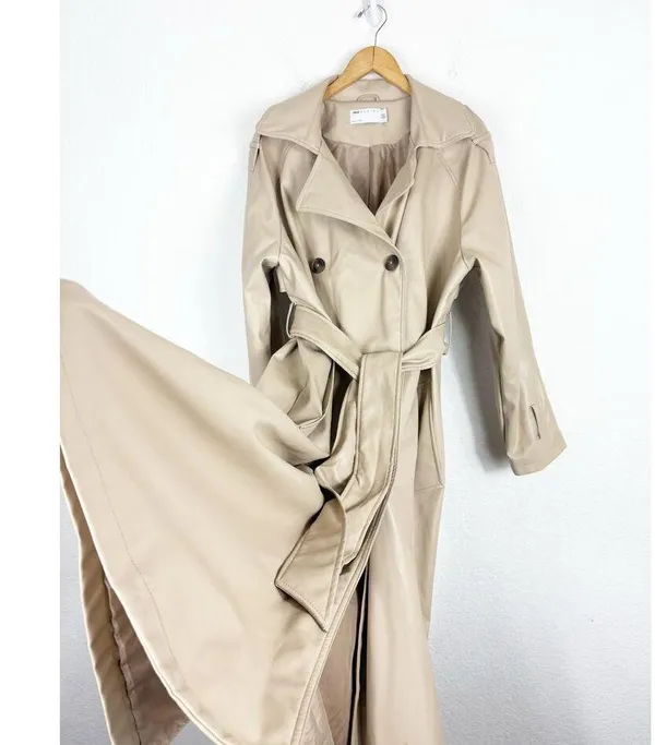 ASOS DESIGN Tan Faux Leather Trench Coat Size 12 Long Preppy Chic Minimalist - Image 12