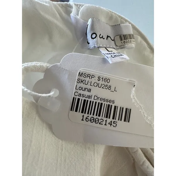 Louna White Bodycon Peasant Mini Dress LARGE Bridal Cotton Corset Cottage $160 - Image 12