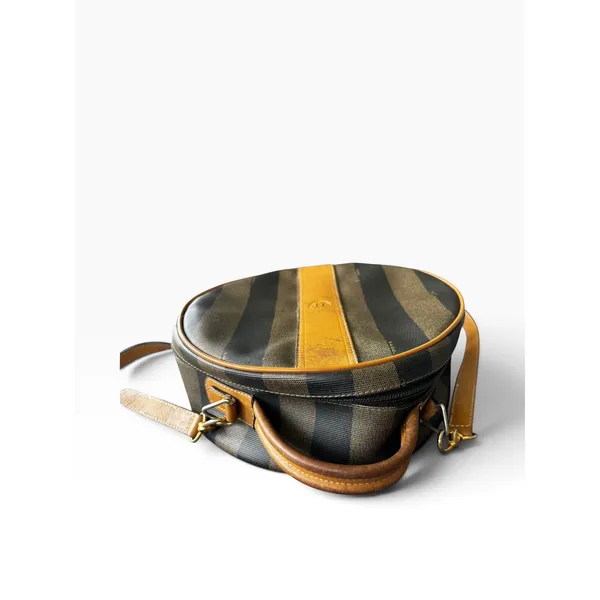 Fendi Pequin Canvas Round Hatbox Bag 10" Brown Black Vintage 80s Crossbody - Image 3