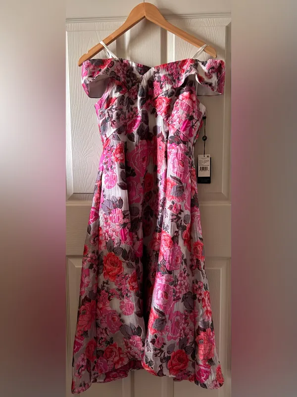 Adrianna Papell Floral Jacquard Shoulder Midi Dress Sz 6 Autumn Wedding Guest - Image 4