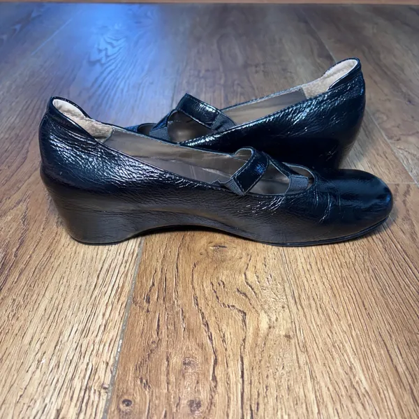 Josef Seibel Black Patent Leather Crisscross Mary Jane Wedge Shoes US 7.5 /EU 38 - Image 6