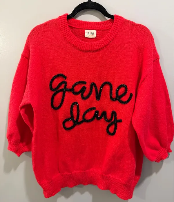 Peach Love BiBi Game Day Metallic Letter Short Sleeve Puff Sleeve Sweater Red - Image 4