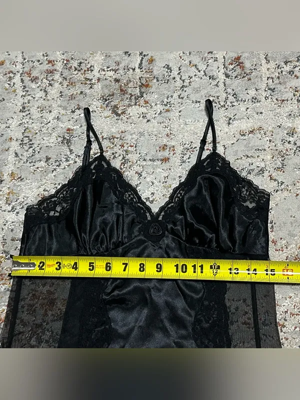 Vintage Fredericks of Hollywood black satin sheer mesh chemise slip dress size M - Image 5