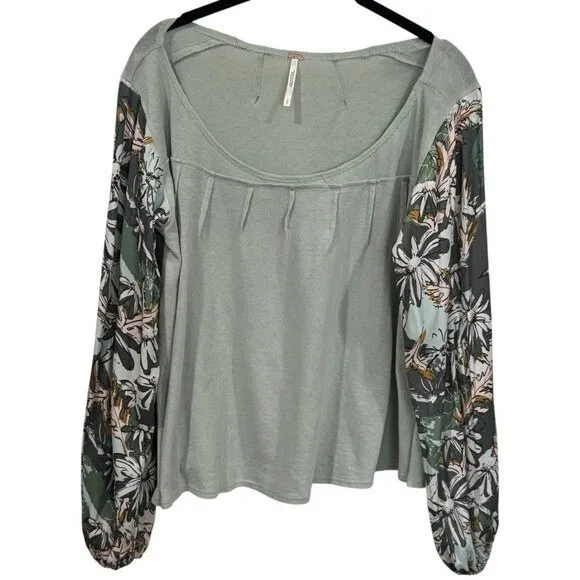 Free People Picking Petals Top Seafoam Green Contrast Sleeves Women's Size S - Image 6