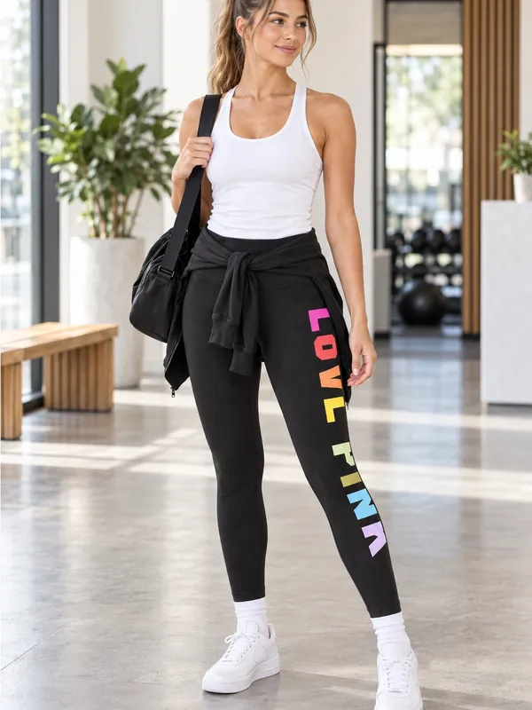 NWT Pink Victoria's Secret Leggings Small Black Rainbow Love Pink Logo High Wais - Image 10