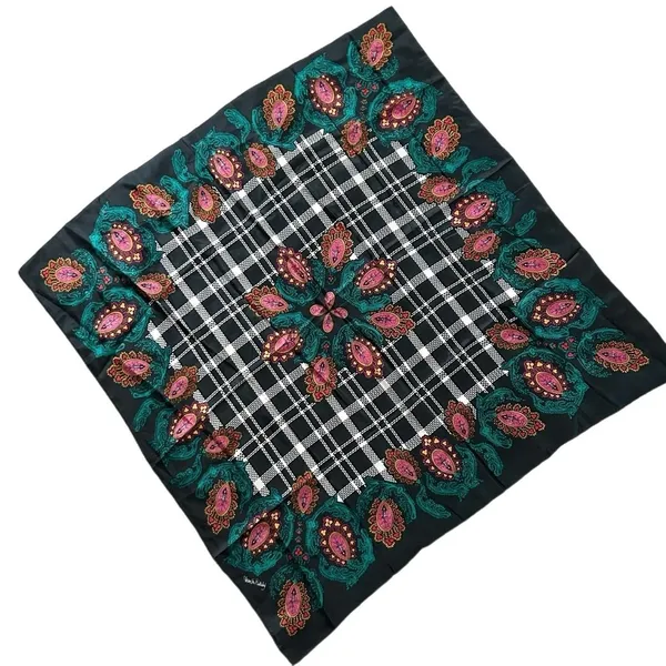 Diane Von Furstenberg 100% Silk Scarf Black Multicolor Paisley Plaid Luxury - Image 4