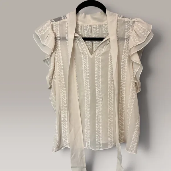 Ulla Johnson Ivory 100% Silk Embroidered Ruffle Tie Neck Blouse Top Size 0 - Image 2
