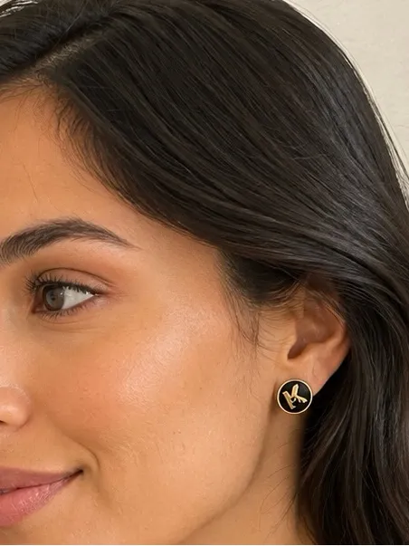 Karl Lagerfeld Black and Gold MK Round Logo Stud Earrings - Image 2