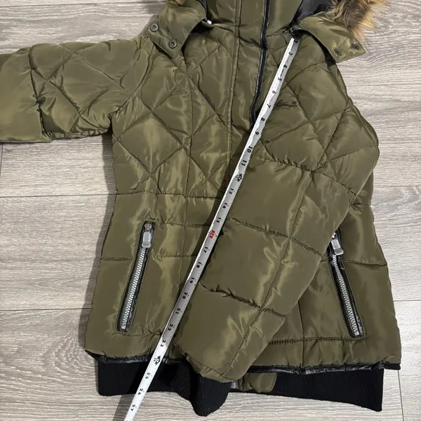 Weatherproof Olive‎ Green Quilted Puffer Jacket Faux Fur Trim Hood Women's Sz L - Image 16