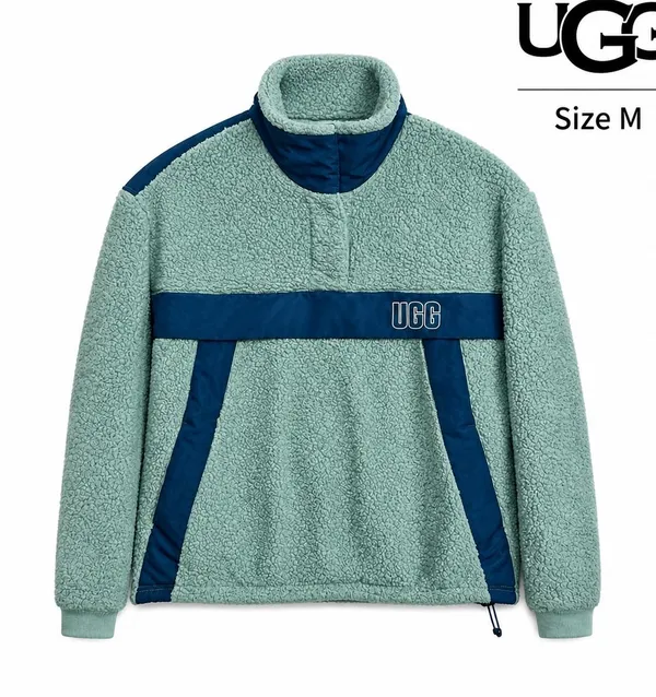 UGG Sherpa Fleece Pullover Women's M Teal Blue Logo Quarter Snap Cozy Sweater - Image 2