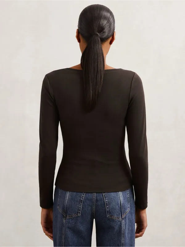REISS Felicity Stretch-Cotton Asymmetric-Neck Top in Chocolate Brown Size Small - Image 8